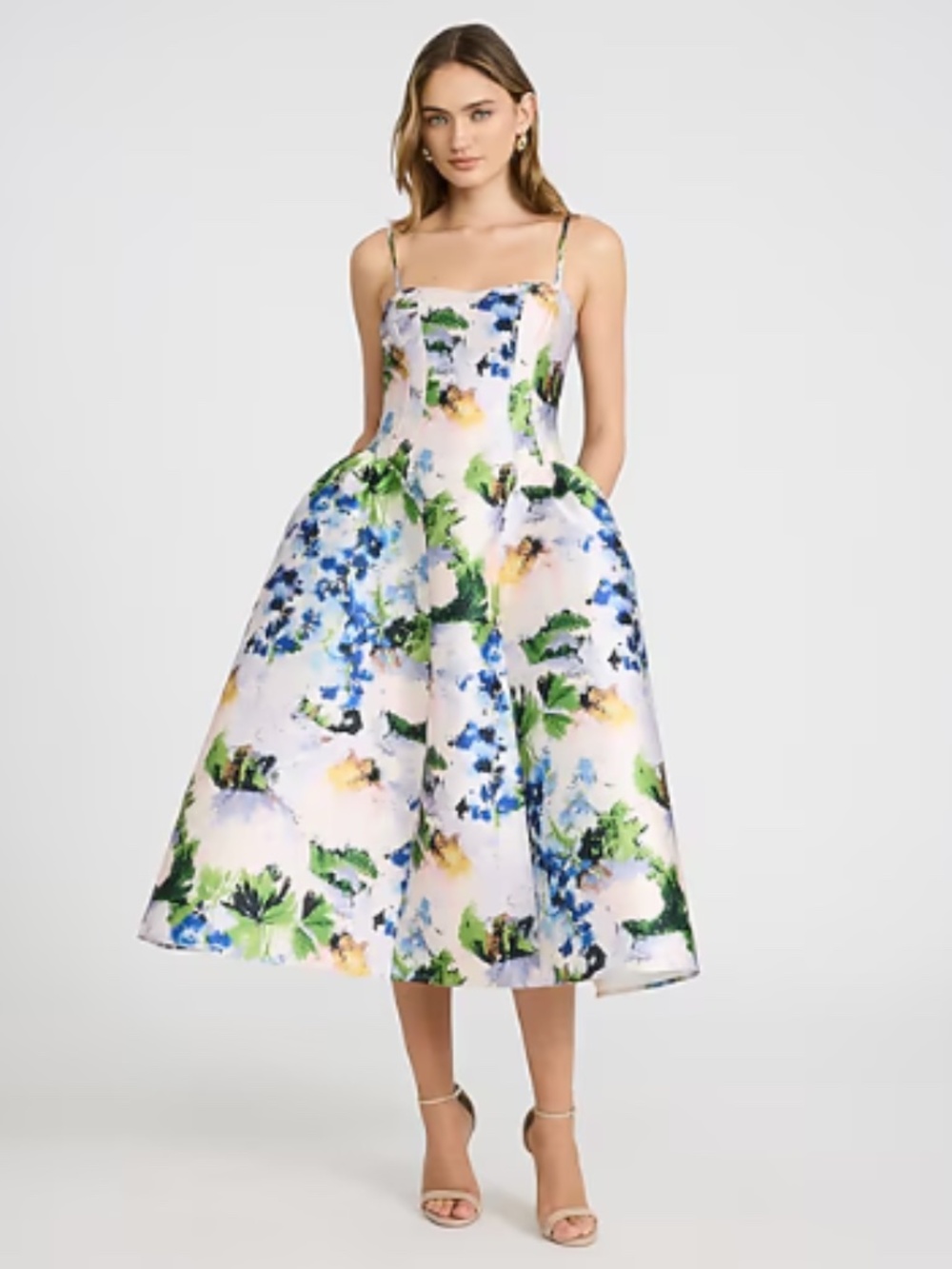 Express Floral Satin Sweetheart Basque Waist Midi Fit And Flare Dress & Pockets